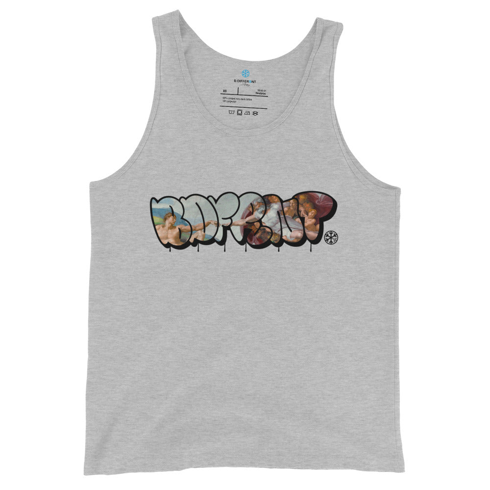 Gray-BDFRNT Throwie x Creation of Adam Graffiti Tank Top from B.Different Clothing, front view, graffiti-inspired streetwear