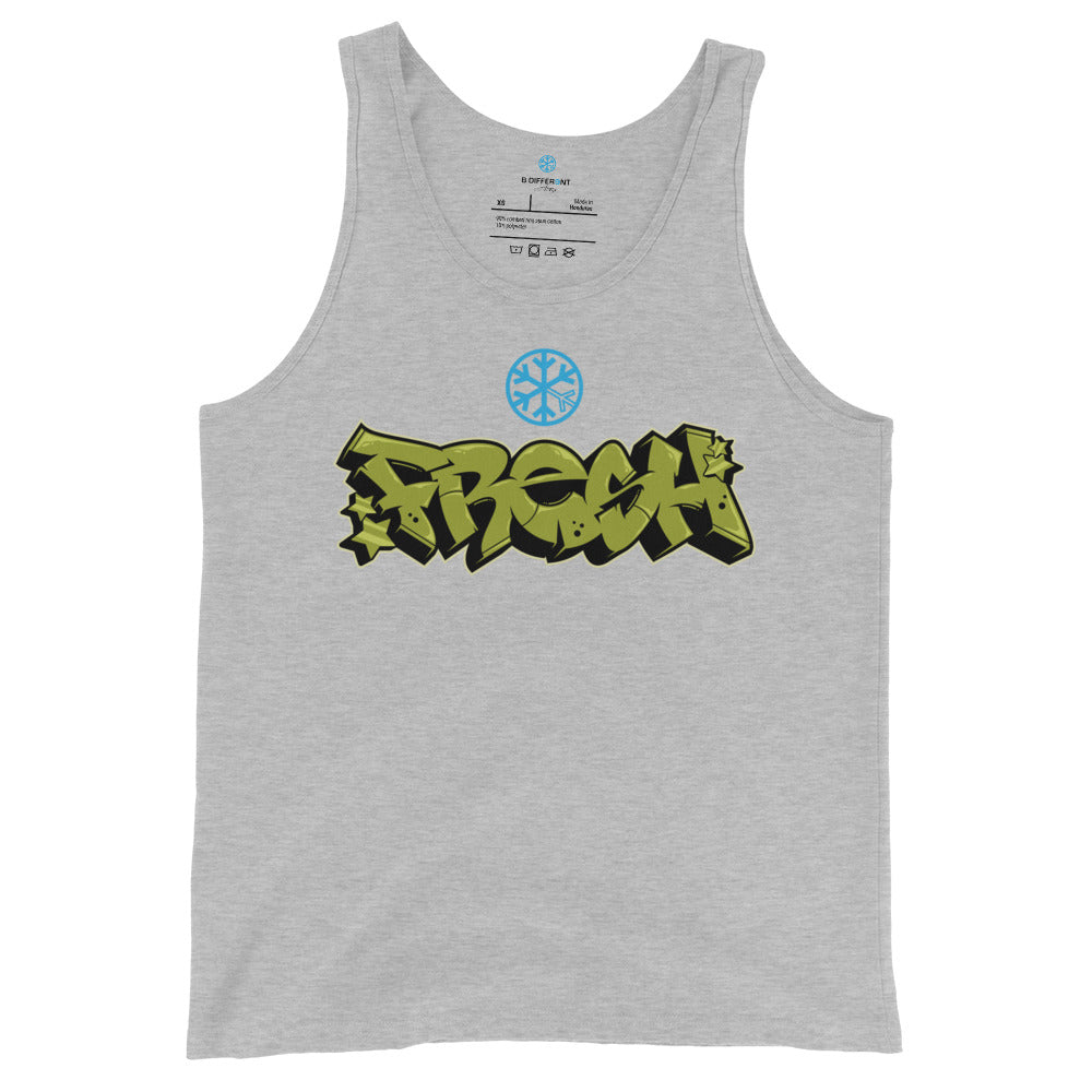Gray-Fresh Graffiti Piece Tank Top from B.Different Clothing, front view, graffiti-inspired streetwear