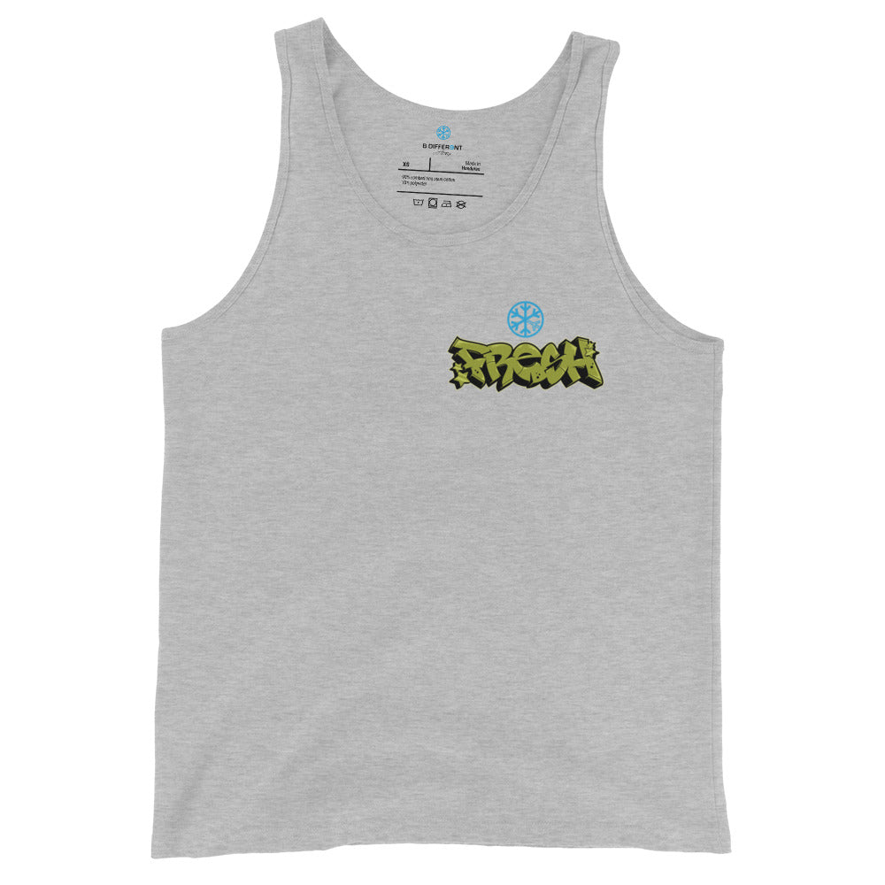 Gray-Fresh Graffiti Character Tank Top from B.Different Clothing, front view, graffiti-inspired streetwear