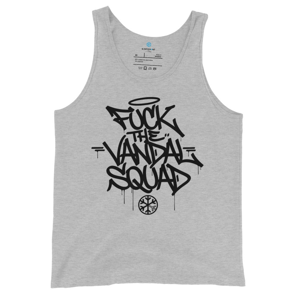 Gray-Fuck The Vandal Squad Graffiti Tank Top from B.Different Clothing, front view, graffiti-inspired streetwear