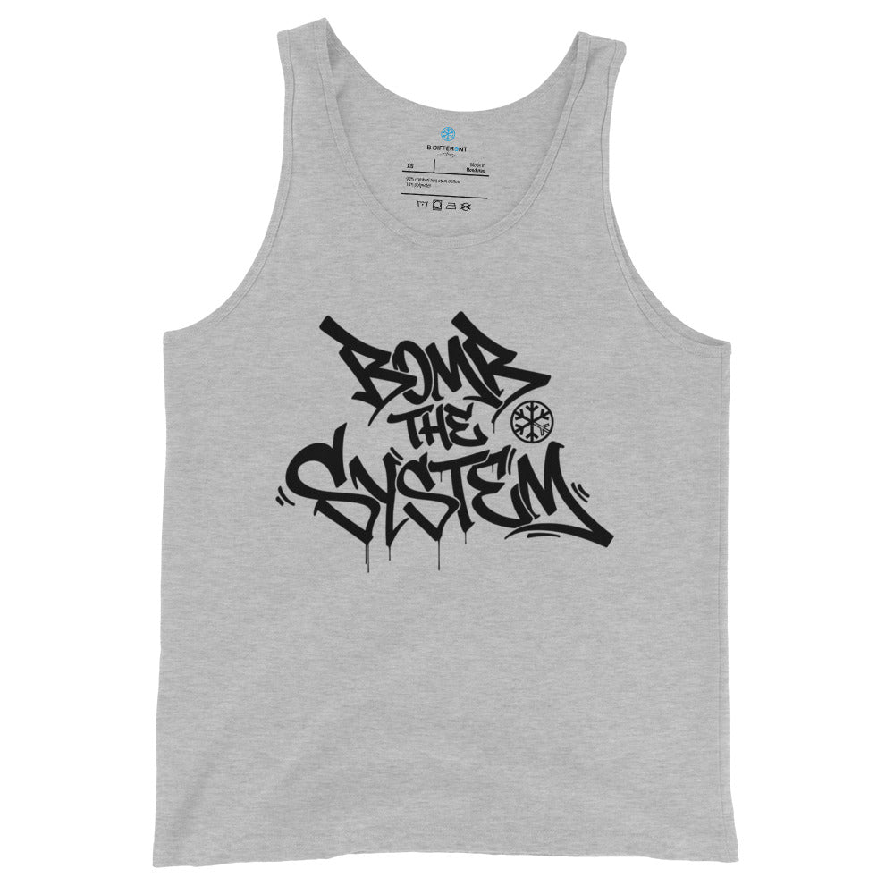 Gray-Bomb The System Graffiti Tank Top from B.Different Clothing, front view, graffiti-inspired streetwear