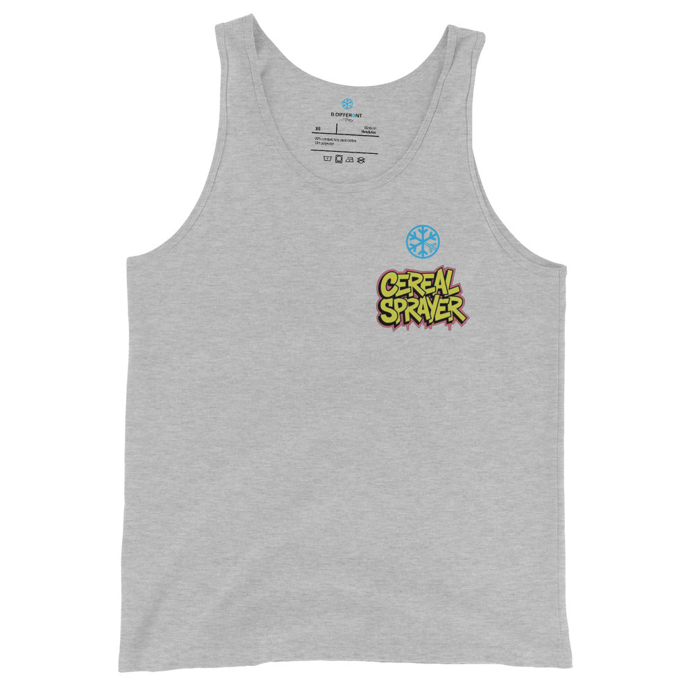 Gray-Cereal Sprayer Graffiti Tank Top from B.Different Clothing, front view, graffiti-inspired streetwear