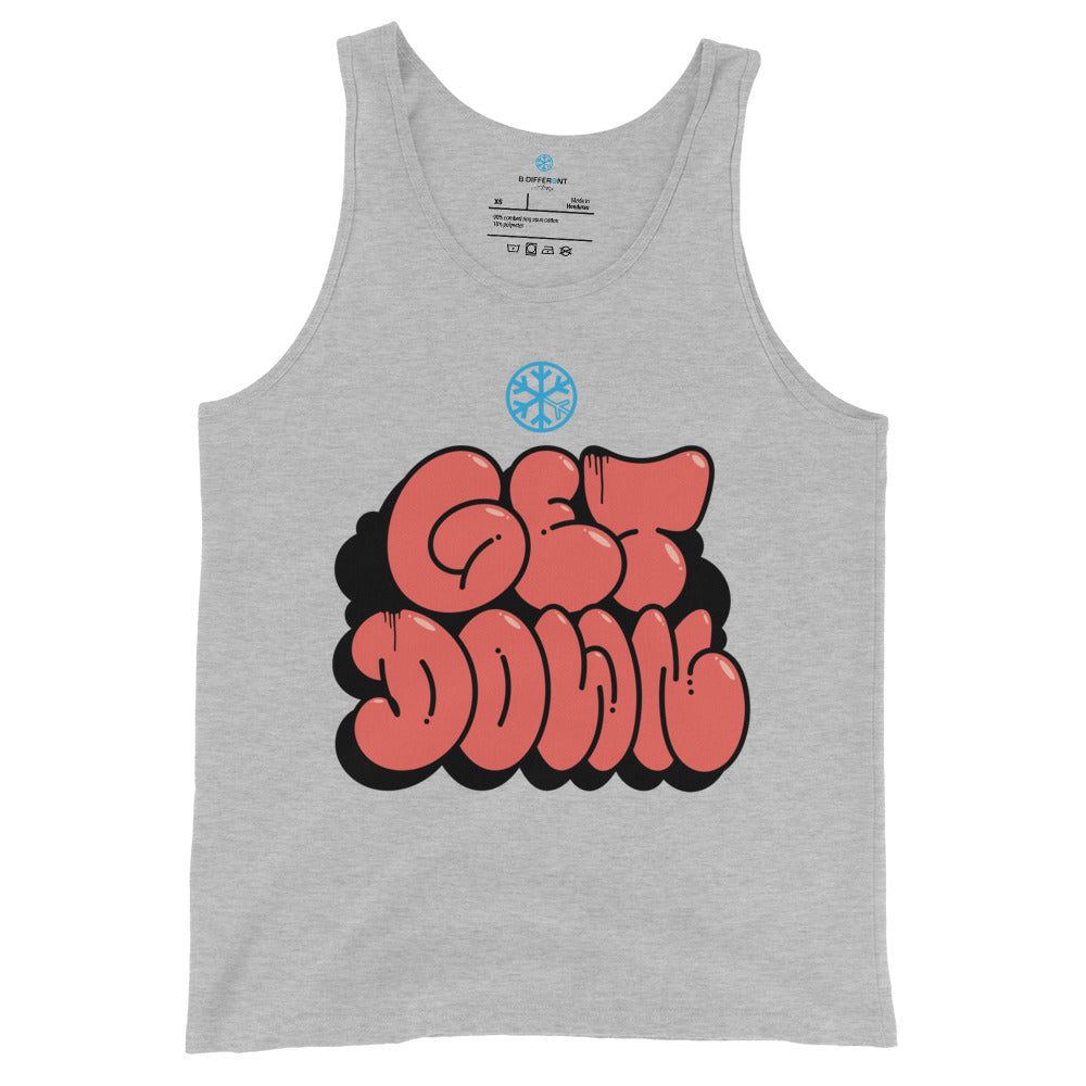 Gray-Get Down Graffiti Throw-up Tank Top from B.Different Clothing, front view, graffiti-inspired streetwear