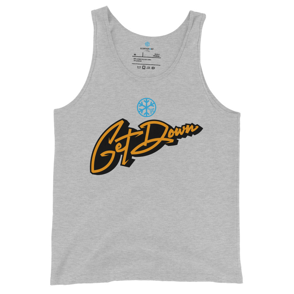 Gray-Get Down Graffiti Lettering Tank Top from B.Different Clothing, front view, graffiti-inspired streetwear