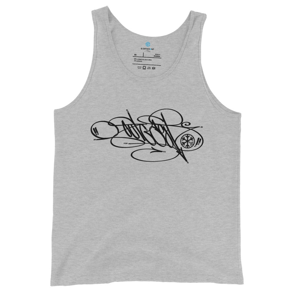 Gray-Outcast Tag Tank Top by Graffiti Dad from B.Different Clothing, front view, graffiti-inspired streetwear