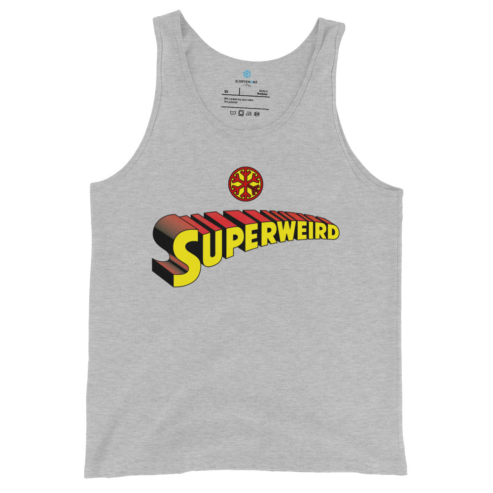 Gray-Superweird Tank Top from B.Different Clothing, front view, graffiti-inspired streetwear