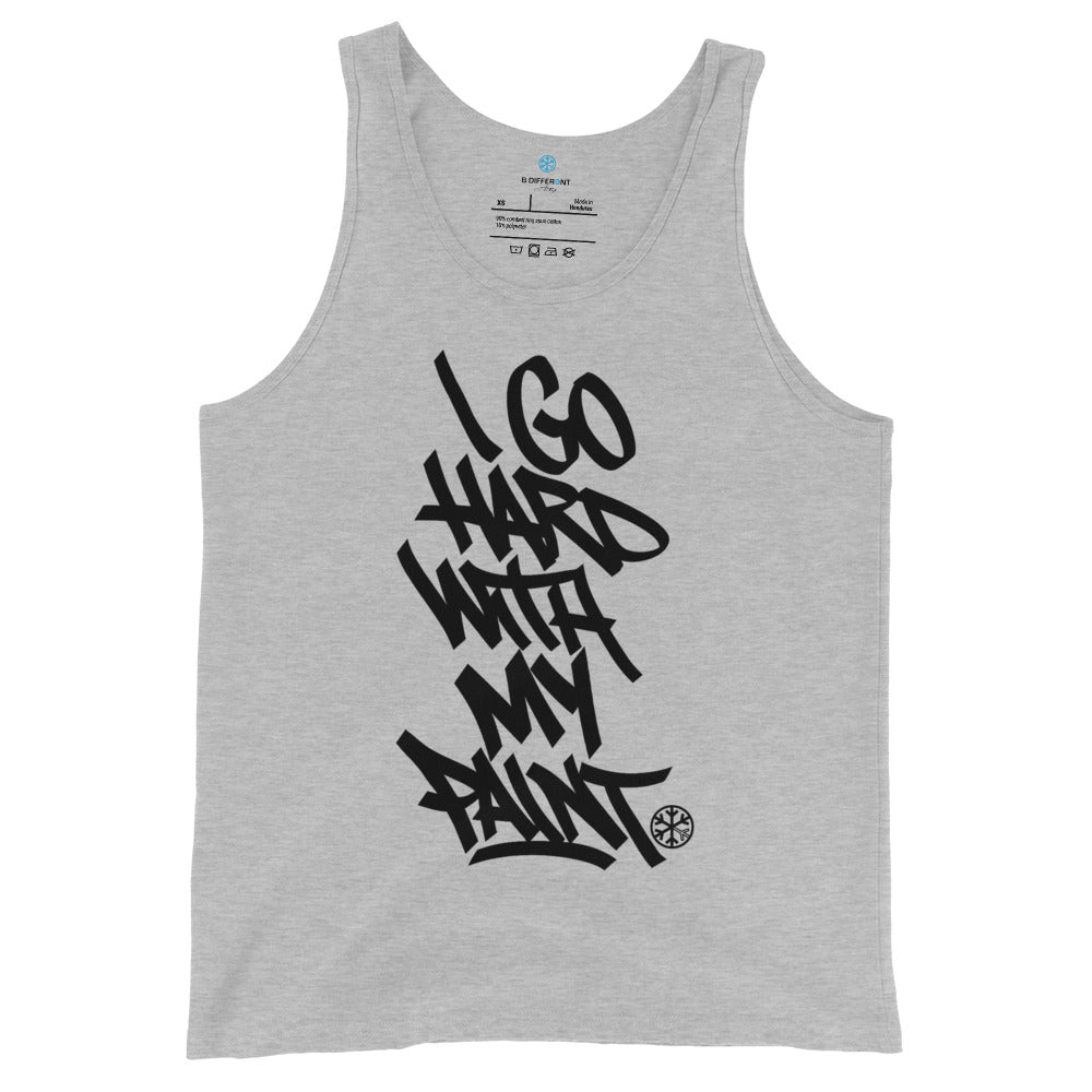 Gray-I Go Hard With My Paint Graffiti Tank Top from B.Different Clothing, front view, graffiti-inspired streetwear