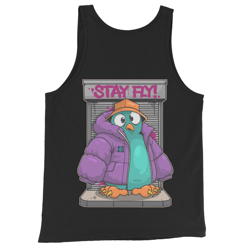 Black-Stay Fly Graffiti Character Tank Top from B.Different Clothing, back view, graffiti-inspired streetwear