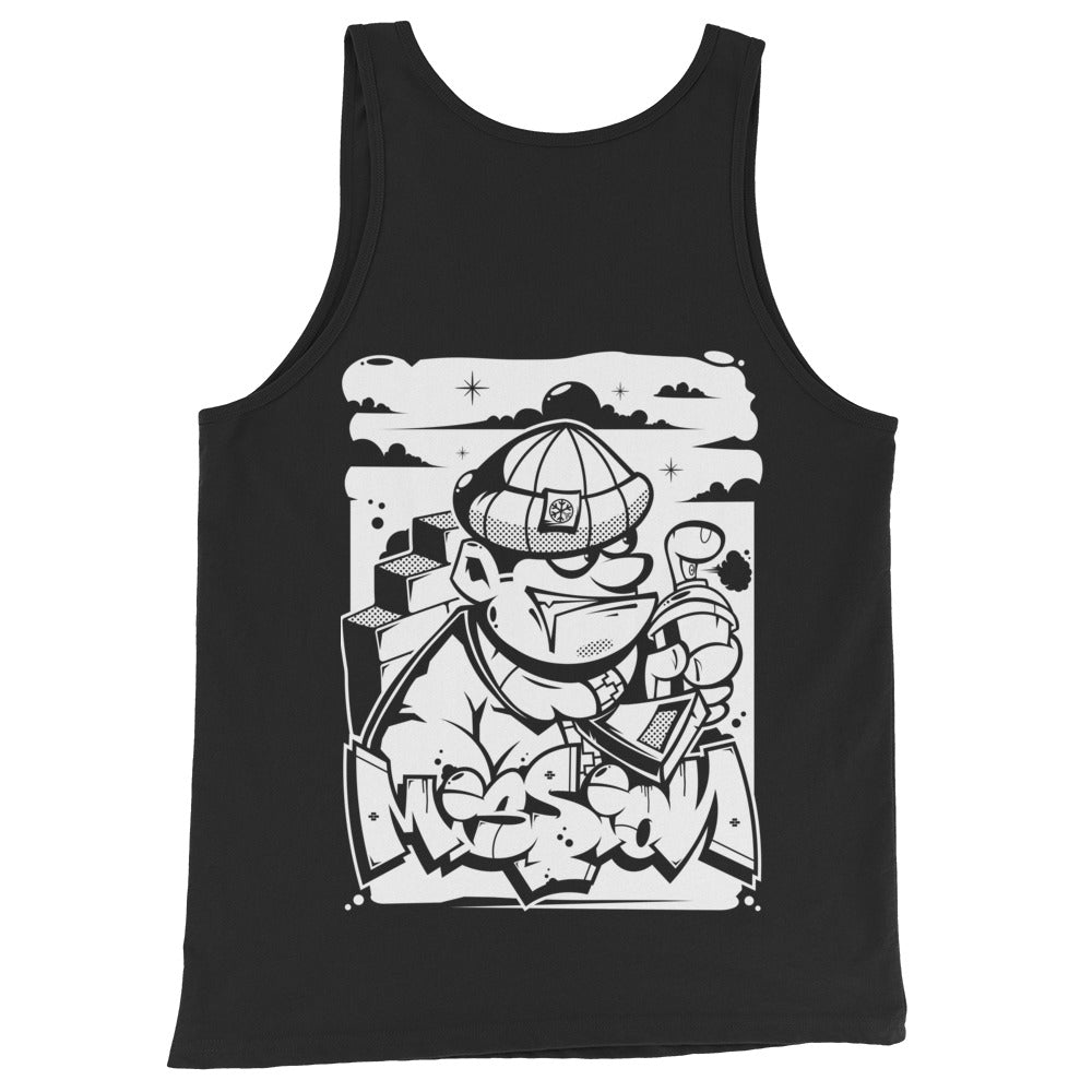 Black-Mission Graffiti Character Tank Top from B.Different Clothing, back view, graffiti-inspired streetwear