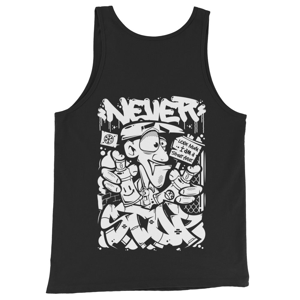Black-Never Stop Graffiti Character Tank Top from B.Different Clothing, back view, graffiti-inspired streetwear