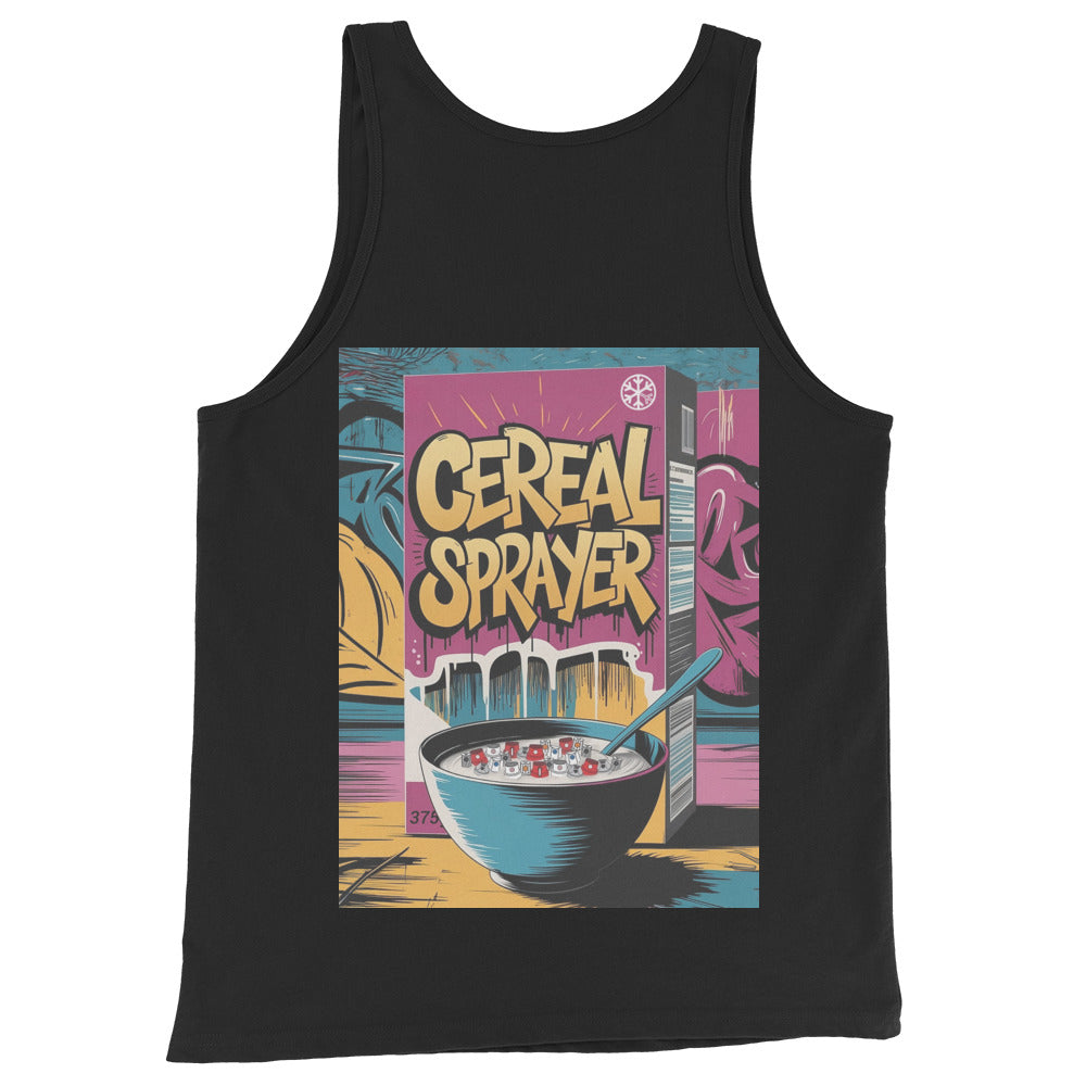 Black-Cereal Sprayer Graffiti Tank Top from B.Different Clothing, back view, graffiti-inspired streetwear