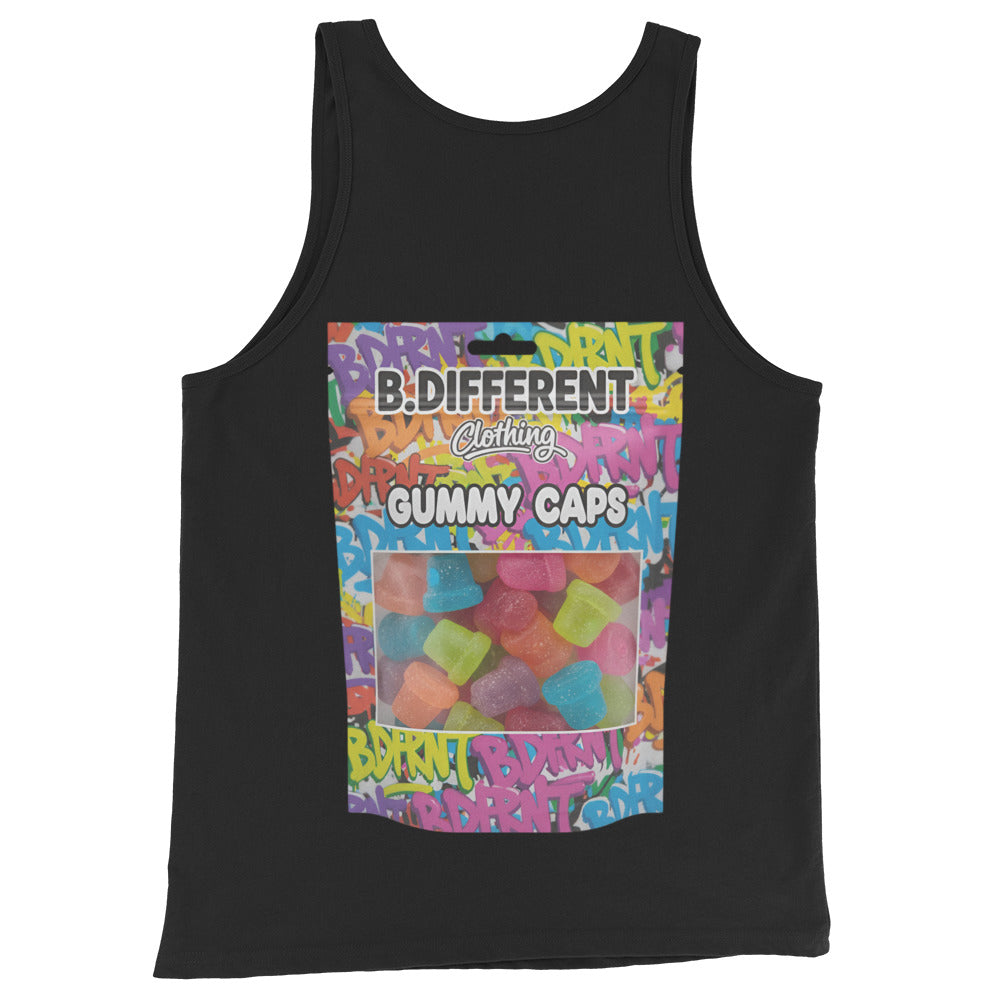 Black-Gummy Caps Graffiti Tank Top from B.Different Clothing, back view, graffiti-inspired streetwear