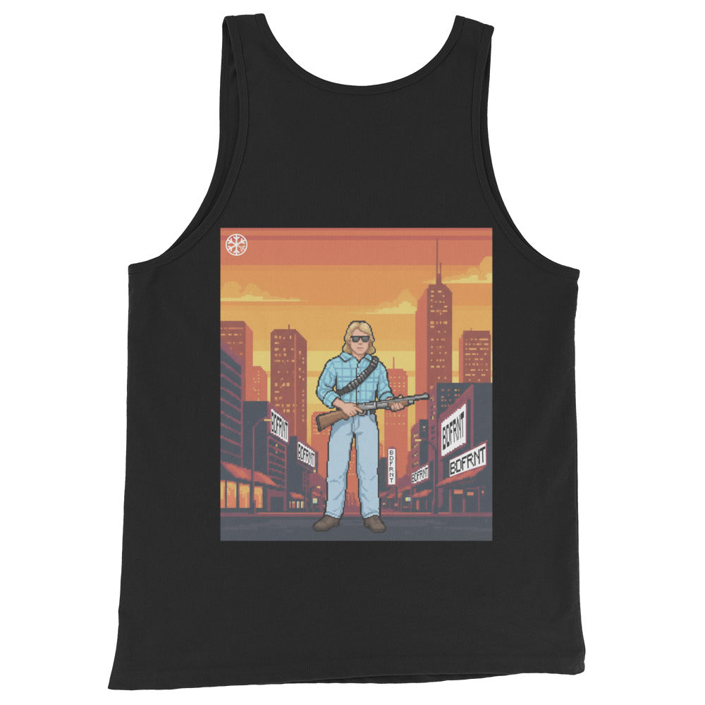 Black-Pixel Disobey Tank Top from B.Different Clothing, back view, graffiti-inspired streetwear