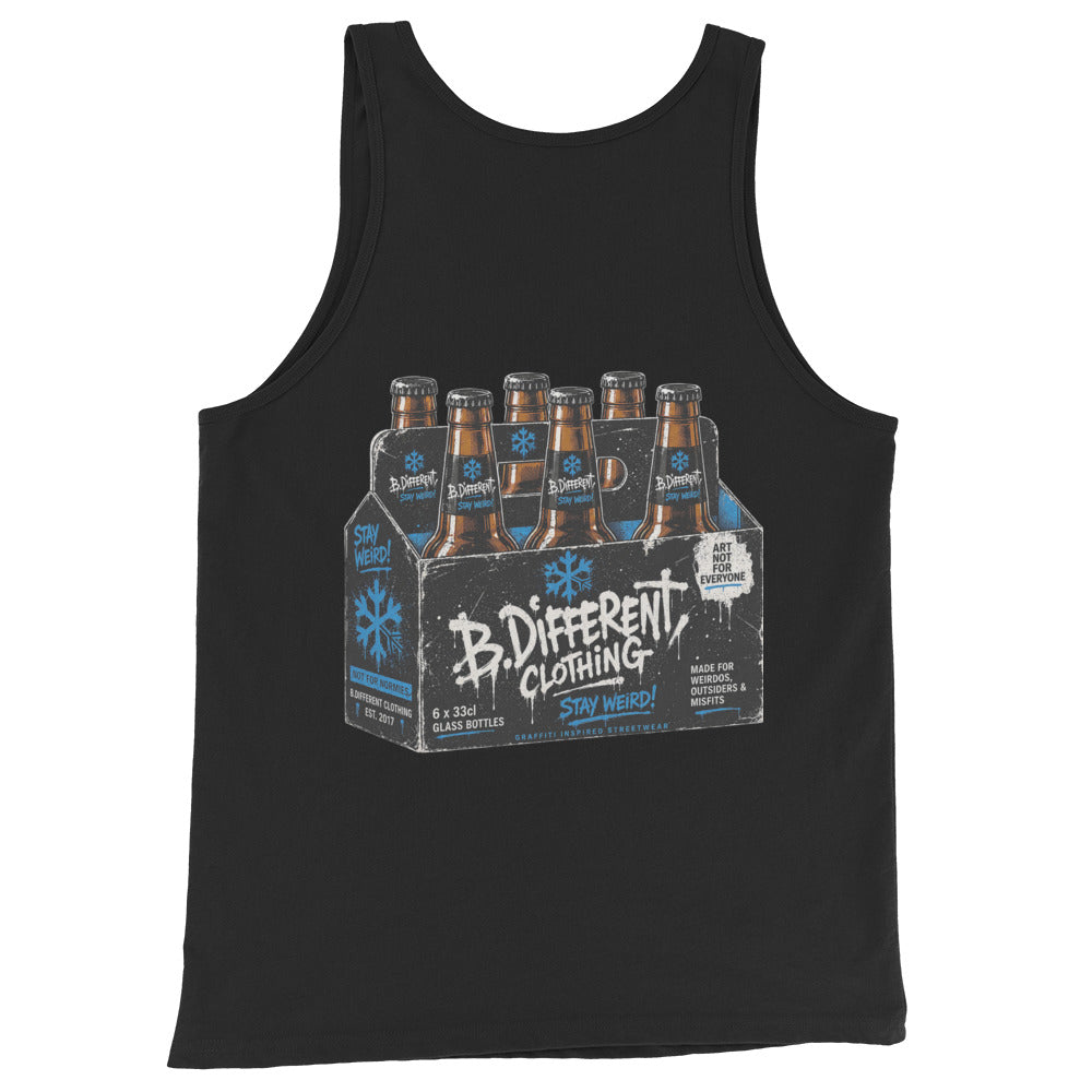 Black-Six Pack Beer Graffiti Tank Top from B.Different Clothing, back view, graffiti-inspired streetwear