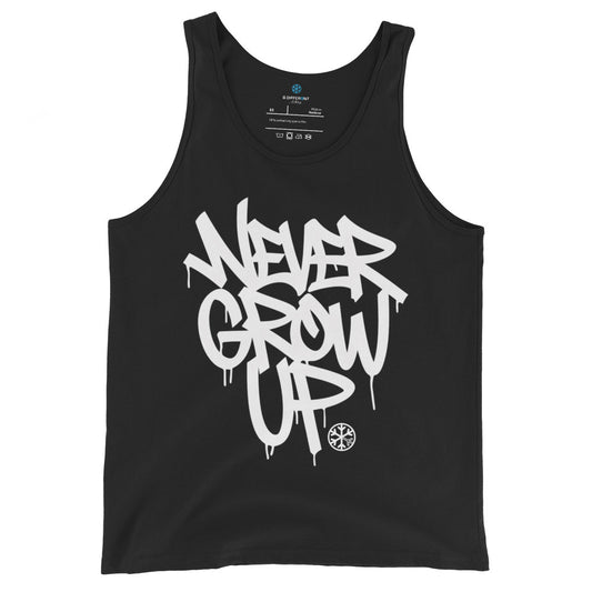 Black-Never Grow Up Graffiti Tank Top from B.Different Clothing, front view, graffiti-inspired streetwear