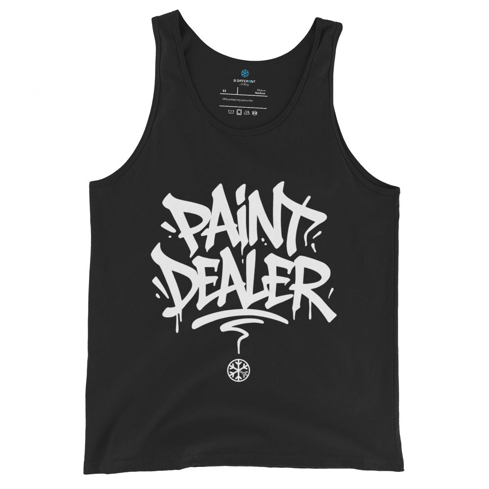 Black-Paint Dealer Graffiti Tag Tank Top from B.Different Clothing, front view, graffiti-inspired streetwear