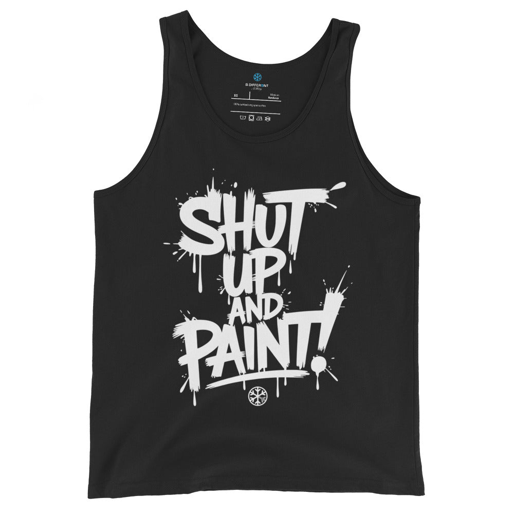 Black-Shut Up and Paint Graffiti Tank Top from B.Different Clothing, front view, graffiti-inspired streetwear
