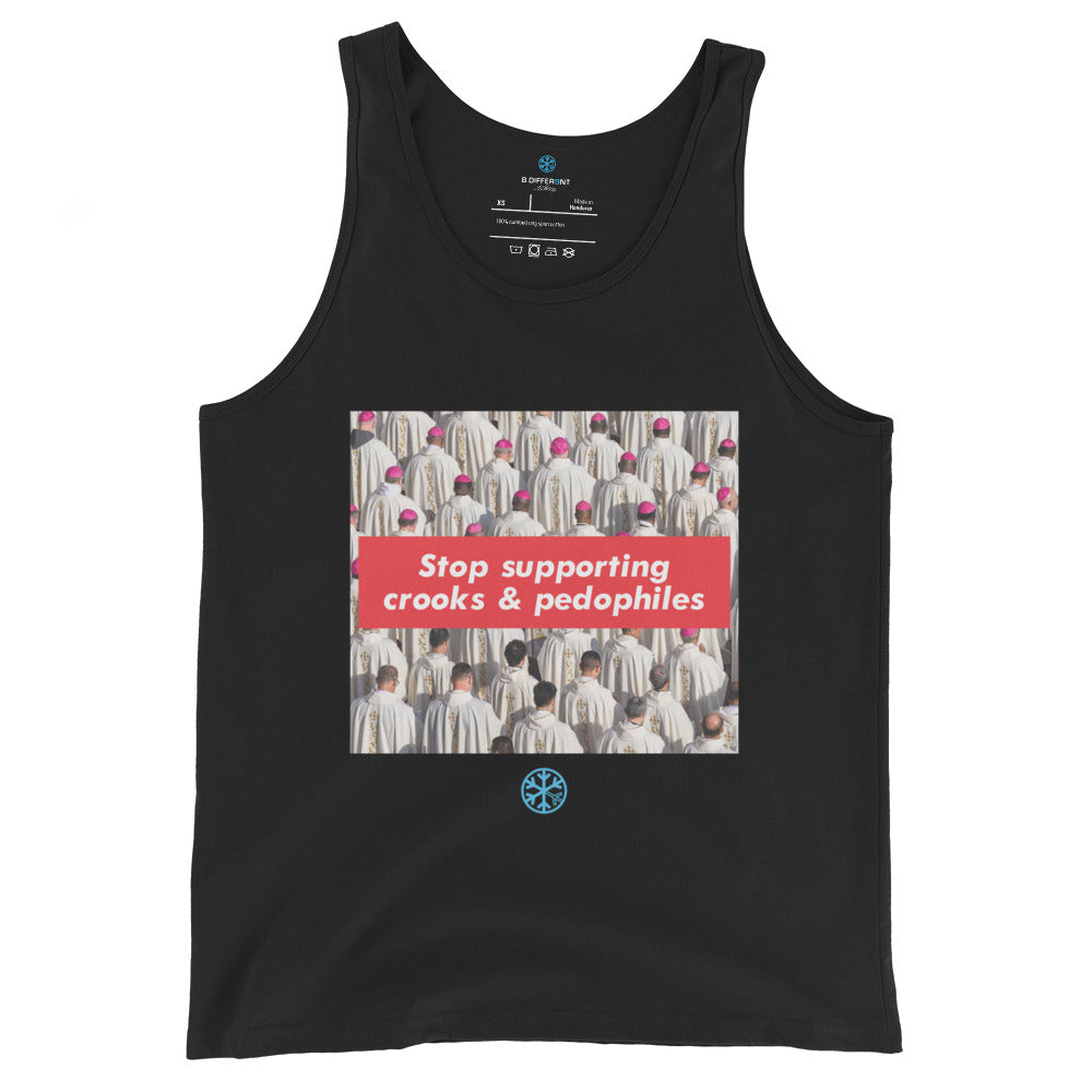 Black-Vatican Crooks Tank Top from B.Different Clothing, front view, graffiti-inspired streetwear