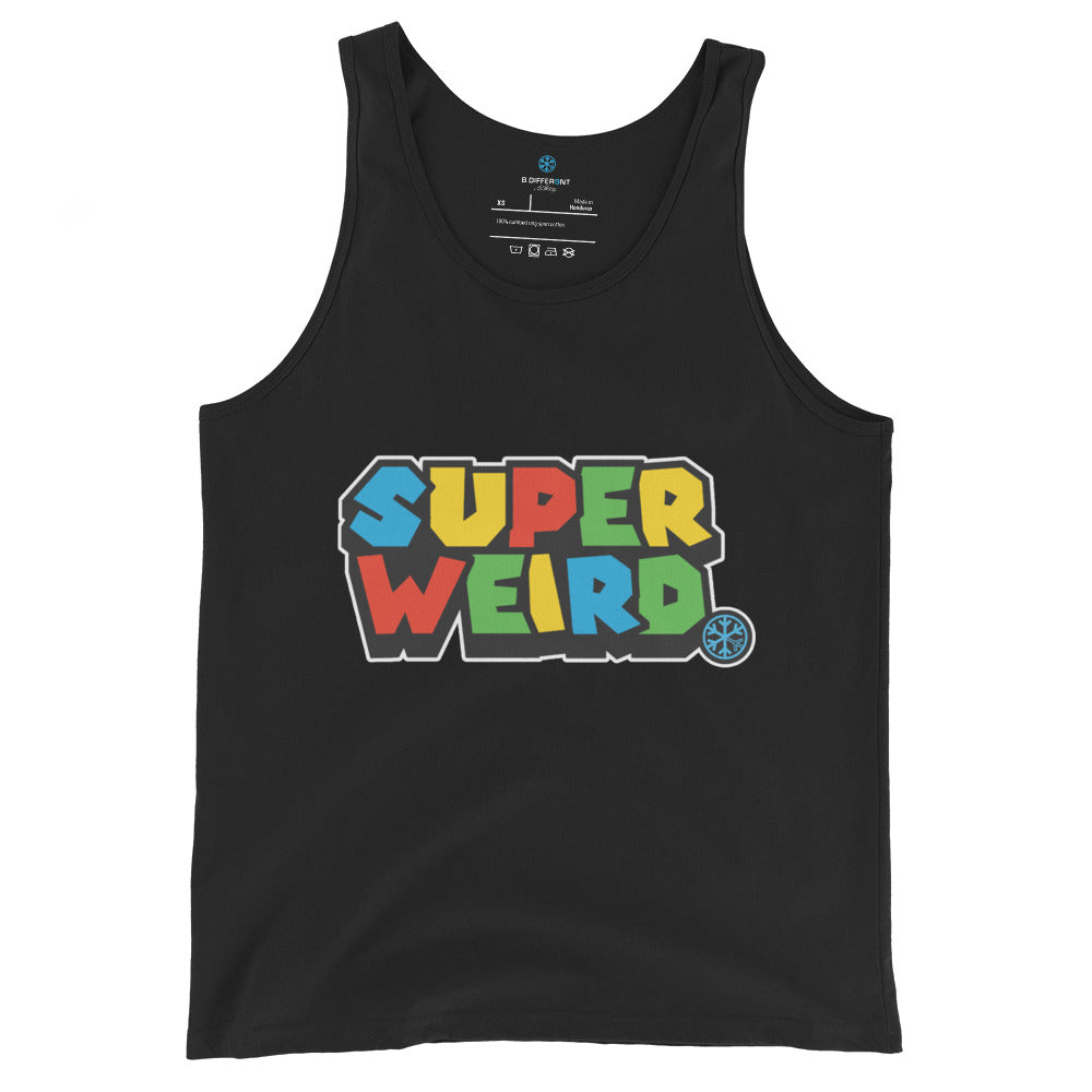 Black-Super Weird Tank Top from B.Different Clothing, front view, graffiti-inspired streetwear