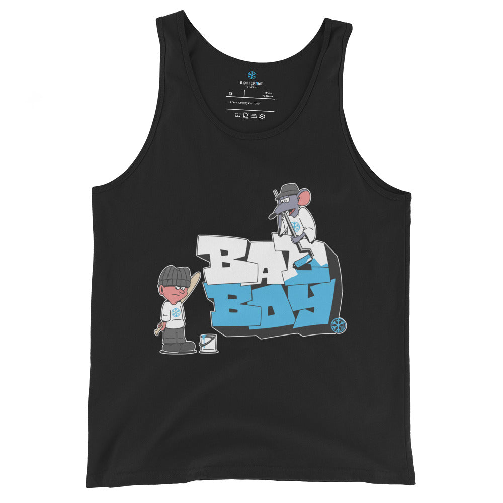 Black-Bad Boy Graffiti Tank Top from B.Different Clothing, front view, graffiti-inspired streetwear