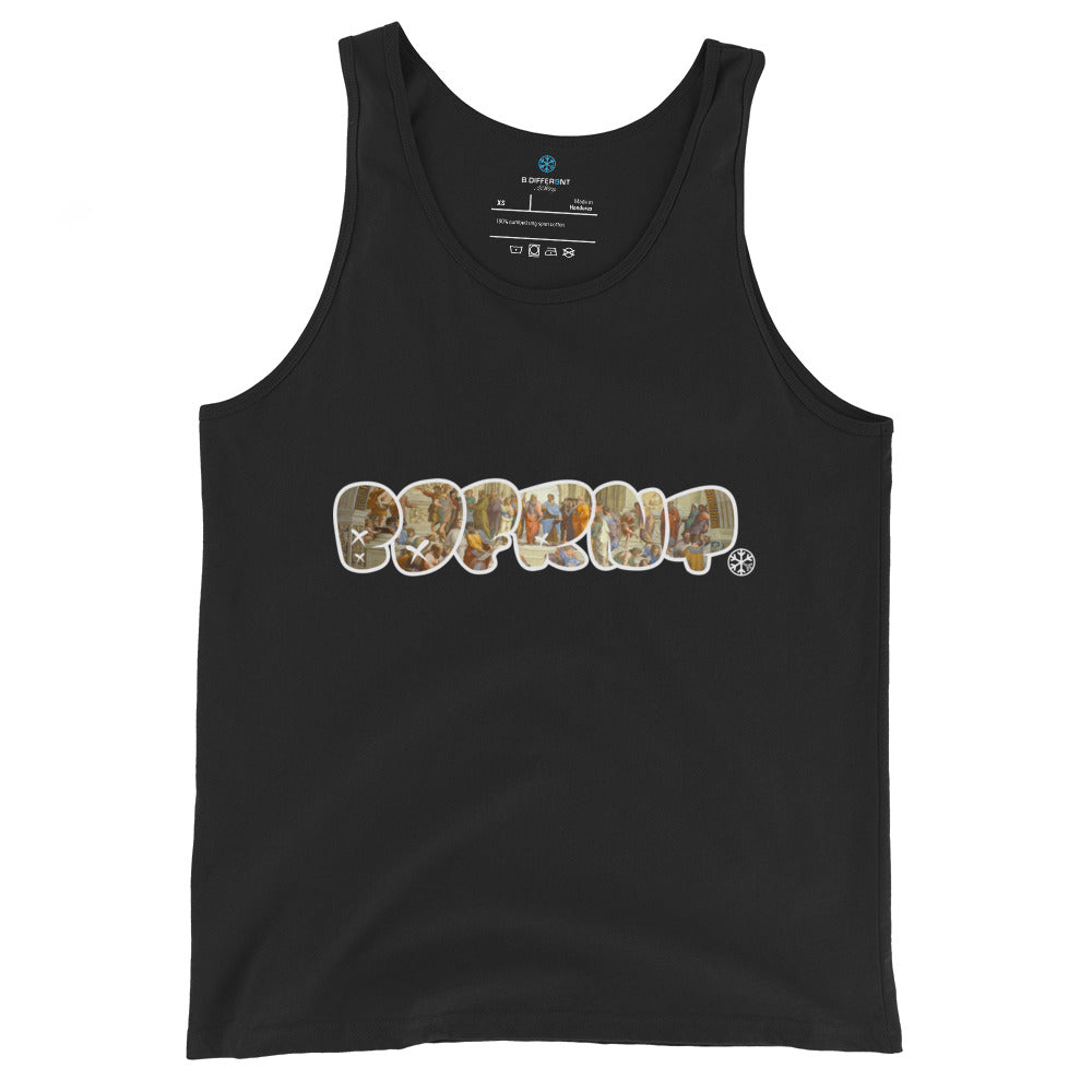 Black-BDFRNT Throwie x School of Athens Graffiti Tank Top from B.Different Clothing, front view, graffiti-inspired streetwear