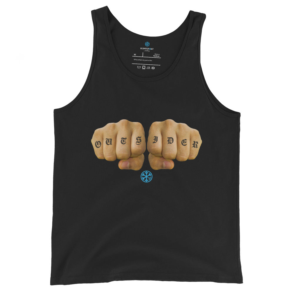 Black-Outsider Tattoo Tank Top from B.Different Clothing, front view, graffiti-inspired streetwear