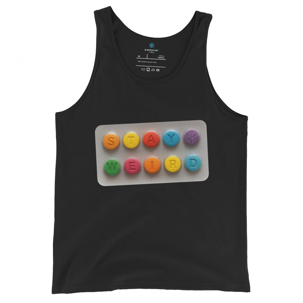 Black-Stay Weird Pills Tank Top from B.Different Clothing, front view, graffiti-inspired streetwear