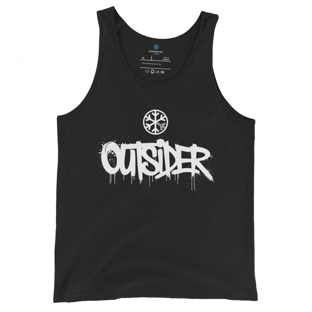 Black-Outsider Graffiti Tag Tank Top from B.Different Clothing, front view, graffiti-inspired streetwear