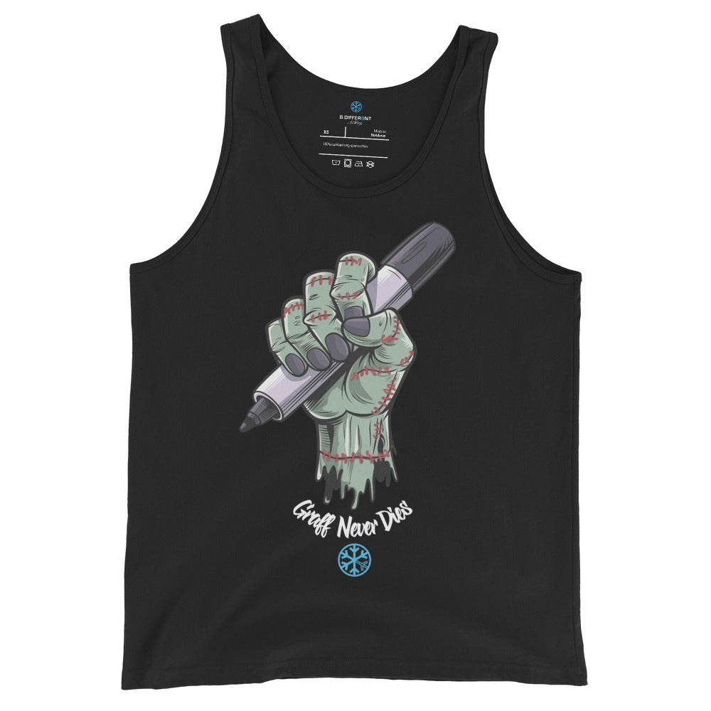 Black-Thing Graffiti Tank Top from B.Different Clothing, front view, graffiti-inspired streetwear