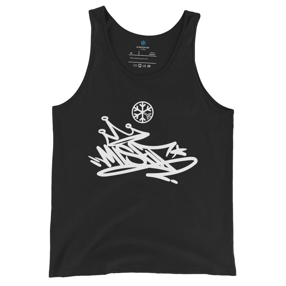 Black-Misfit Graffiti Tag Tank Top from B.Different Clothing, front view, graffiti-inspired streetwear