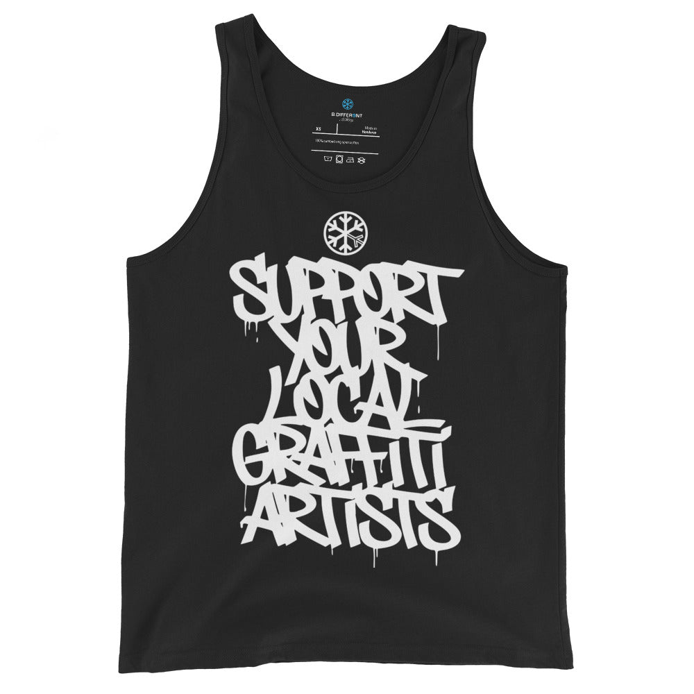 Black-Support Your Local Graffiti Artists Tank Top from B.Different Clothing, front view, graffiti-inspired streetwear