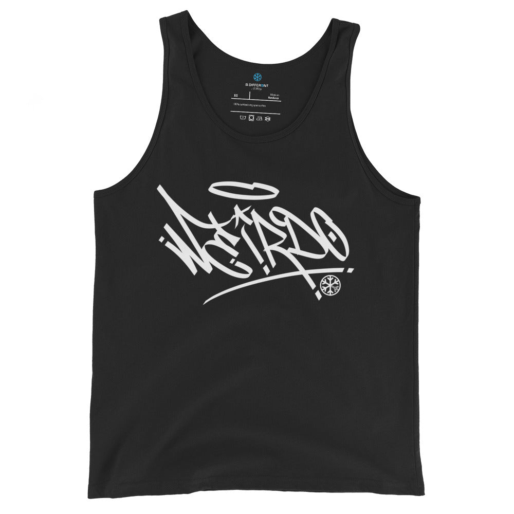Black-Weirdo Tag Graffiti Tank Top from B.Different Clothing, front view, graffiti-inspired streetwear