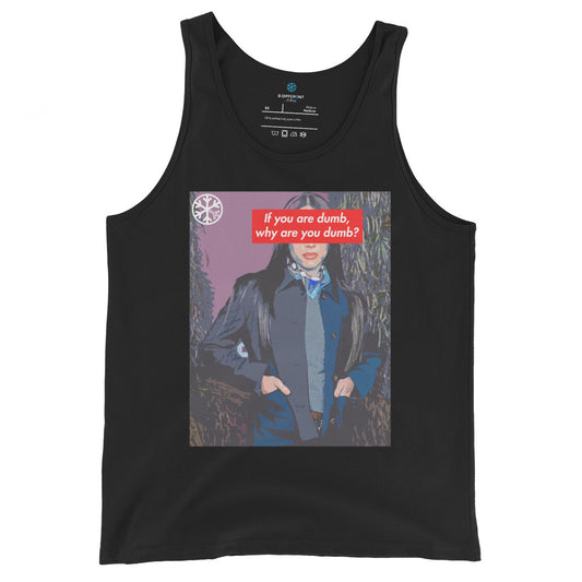 Black-Why Are You Dumb Tank Top from B.Different Clothing, front view, graffiti-inspired streetwear