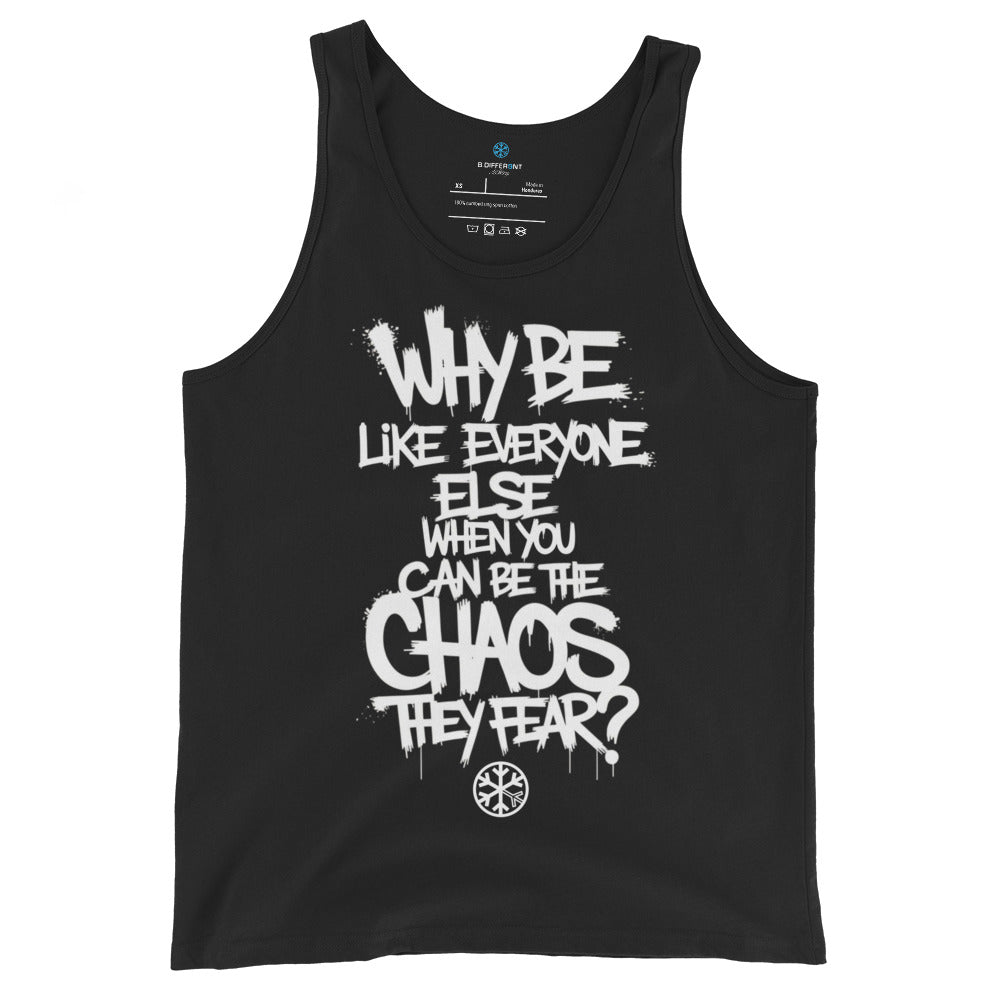 Black-Chaos They Fear Graffiti Tag Tank Top from B.Different Clothing, front view, graffiti-inspired streetwear