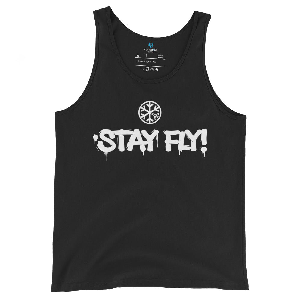 Black-Stay Fly Graffiti Tag Tank Top from B.Different Clothing, front view, graffiti-inspired streetwear