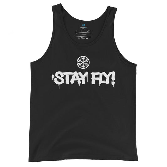 Black-Stay Fly Graffiti Tag Tank Top from B.Different Clothing, front view, graffiti-inspired streetwear