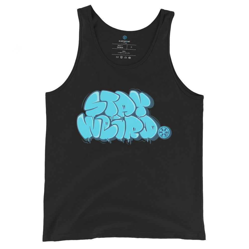 Black-Stay Weird Graffiti Throw-up Tank Top from B.Different Clothing, front view, graffiti-inspired streetwear