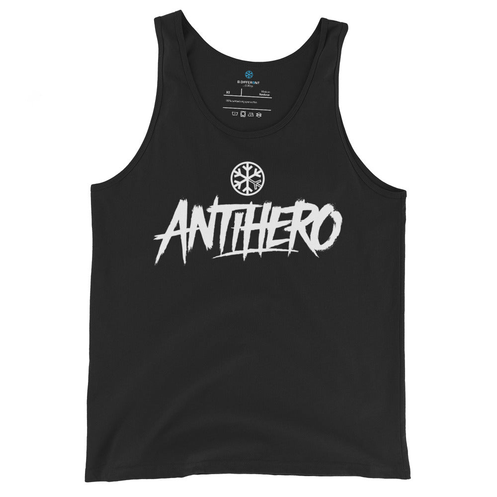 Black-Antihero Graffiti Tag Tank Top from B.Different Clothing, front view, graffiti-inspired streetwear