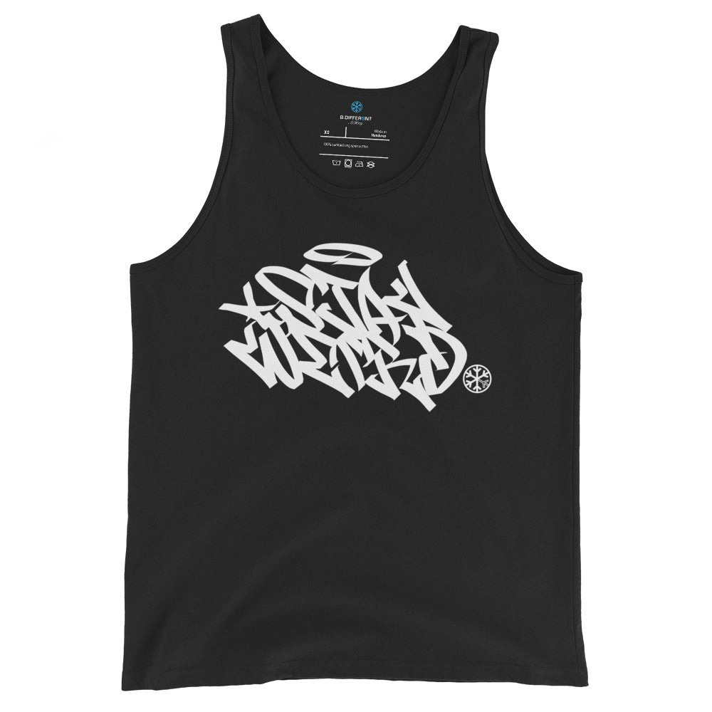 Black-Stay Weird Graffiti Tag Tank Top from B.Different Clothing, front view, graffiti-inspired streetwear
