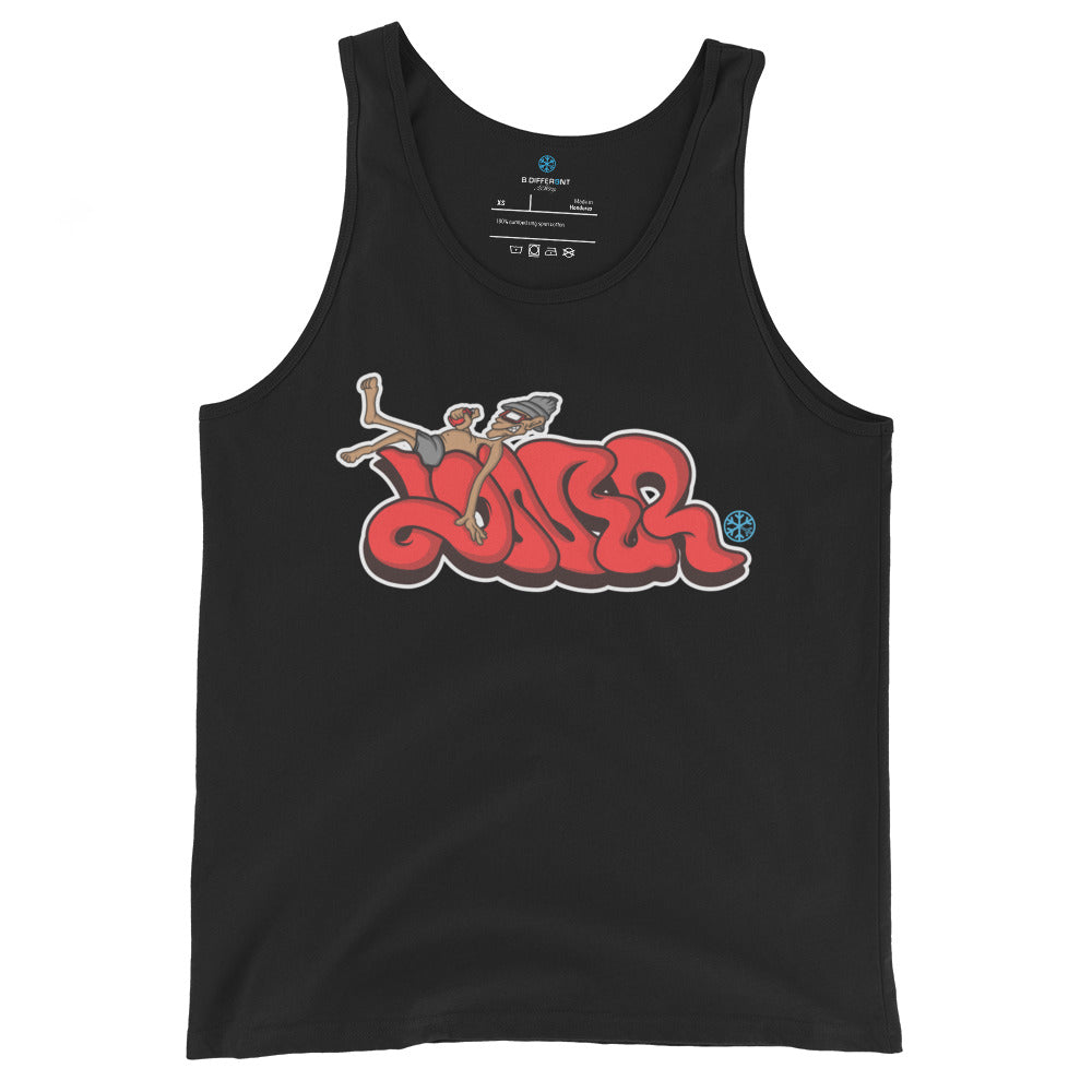 Black-Loner Graffiti Piece Tank Top from B.Different Clothing, front view, graffiti-inspired streetwear