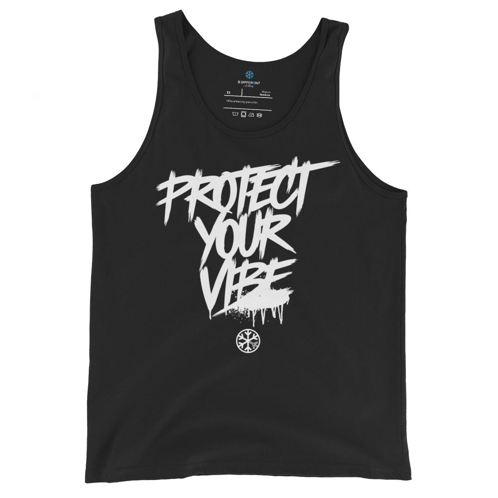 Black-Protect Your Vibe Graffiti Tag Tank Top from B.Different Clothing, front view, graffiti-inspired streetwear