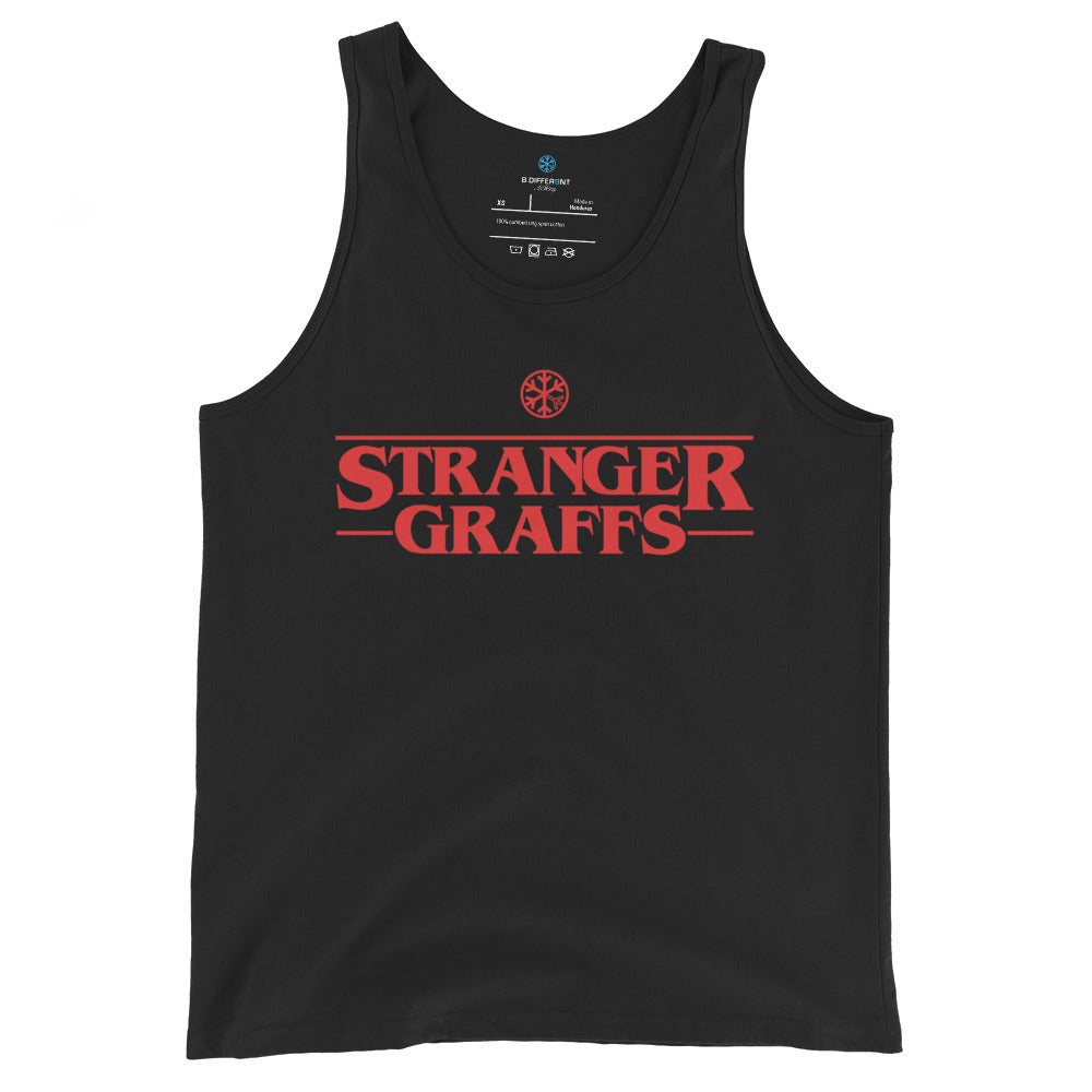 Black-Stranger Graffs Tank Top from B.Different Clothing, front view, graffiti-inspired streetwear
