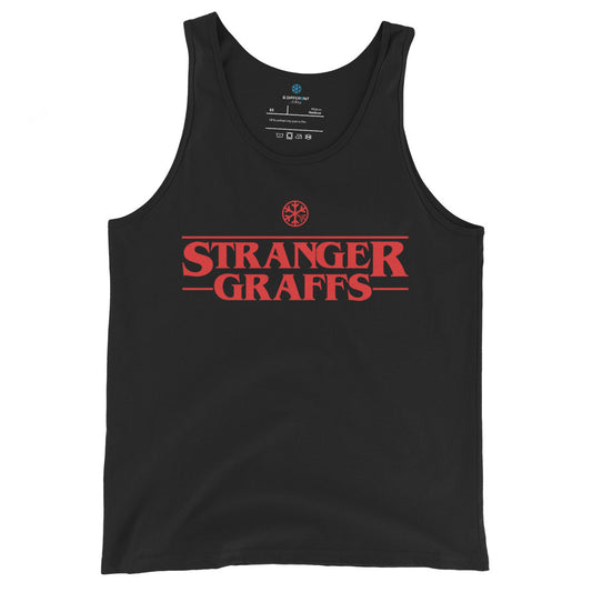 Black-Stranger Graffs Tank Top from B.Different Clothing, front view, graffiti-inspired streetwear