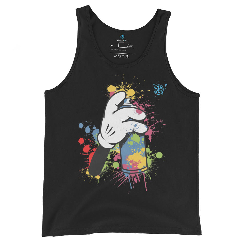 Black-Hand Spray Can Graffiti Tank Top from B.Different Clothing, front view, graffiti-inspired streetwear