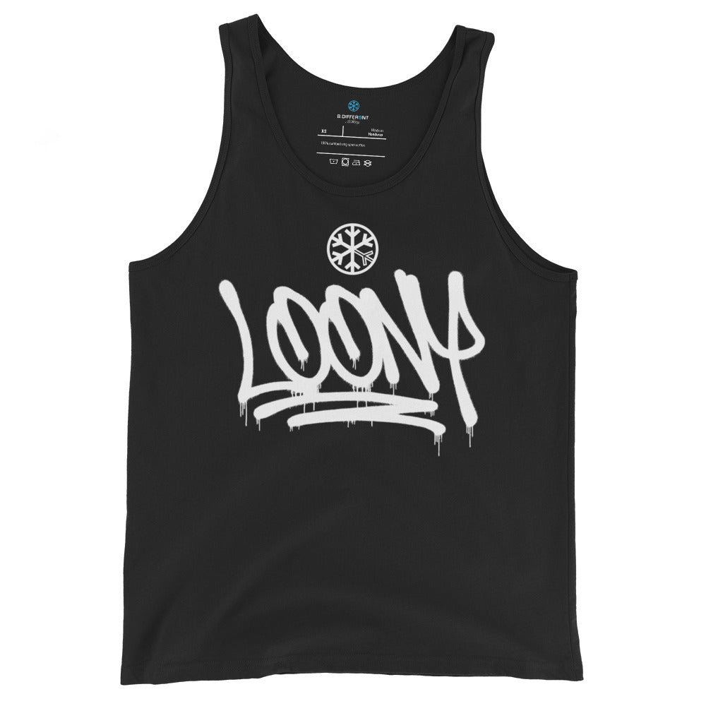 Black-Loony Graffiti Tag Tank Top from B.Different Clothing, front view, graffiti-inspired streetwear