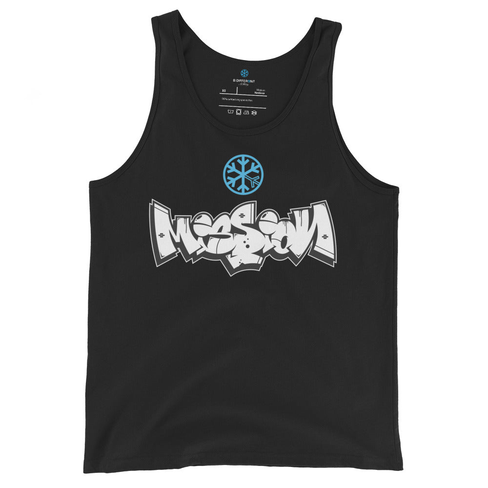 Black-Mission Graffiti Piece Tank Top from B.Different Clothing, front view, graffiti-inspired streetwear