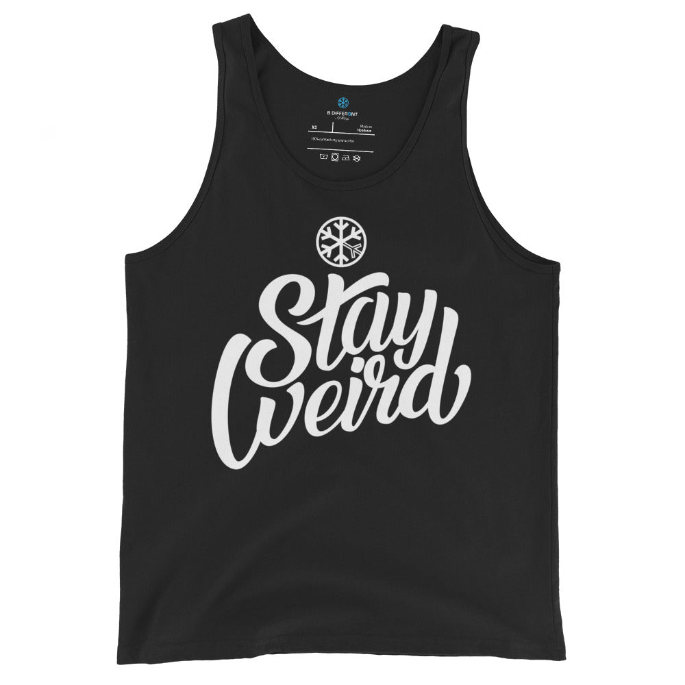 Black-Stay Weird Tank Top from B.Different Clothing, front view, graffiti-inspired streetwear