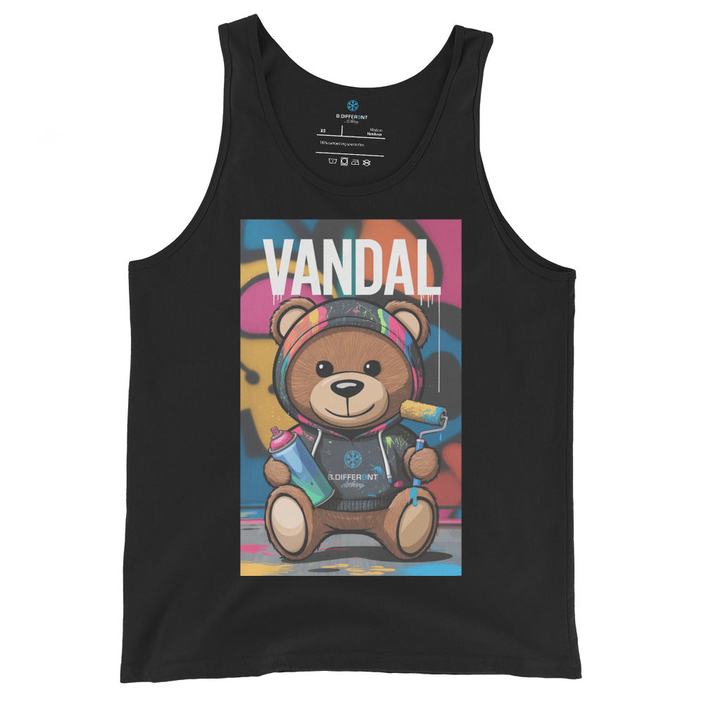 Black-Vandal Teddy Bear Graffiti Tank Top from B.Different Clothing, front view, graffiti-inspired streetwear