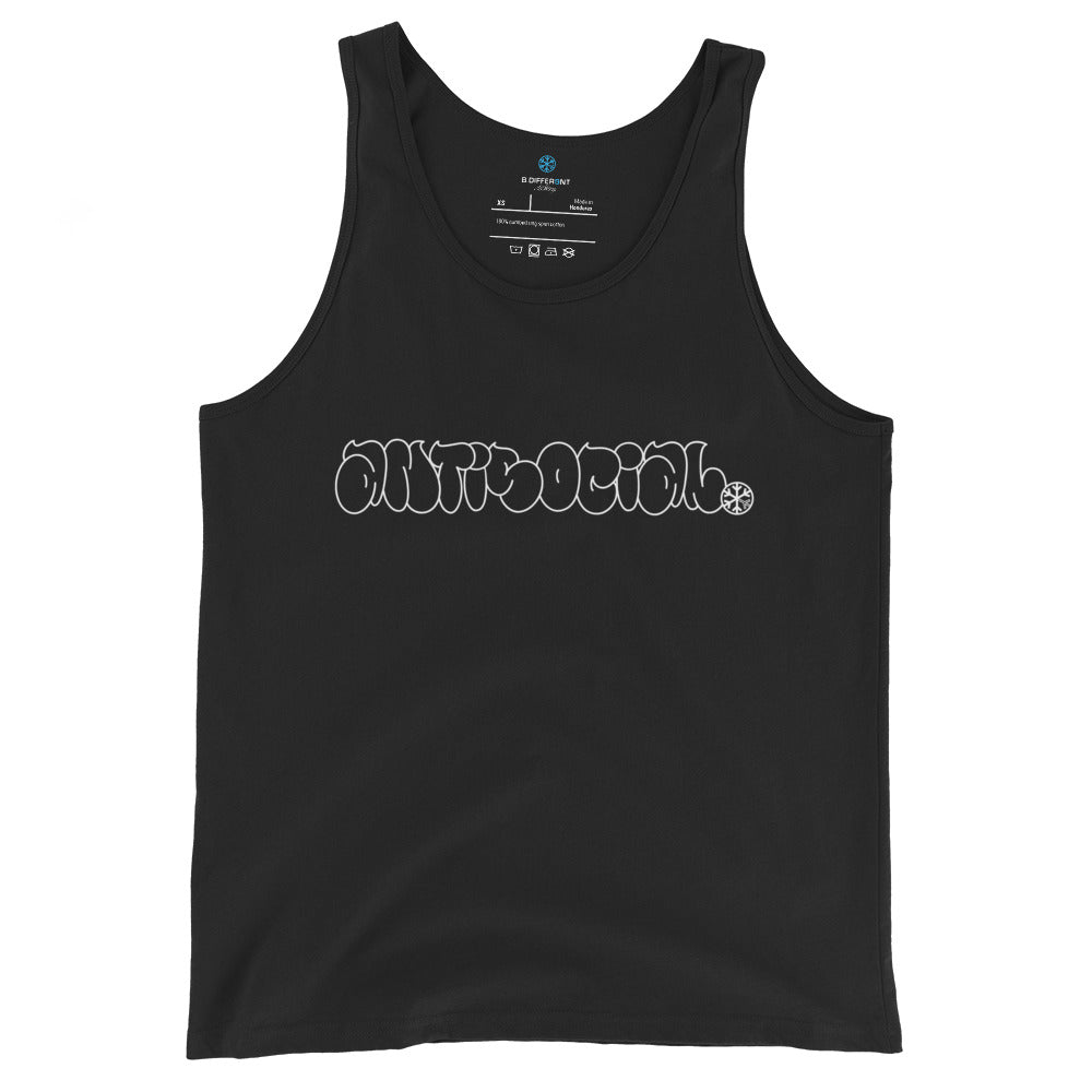 Black-Antisocial Graffiti Hollow Tank Top from B.Different Clothing, front view, graffiti-inspired streetwear