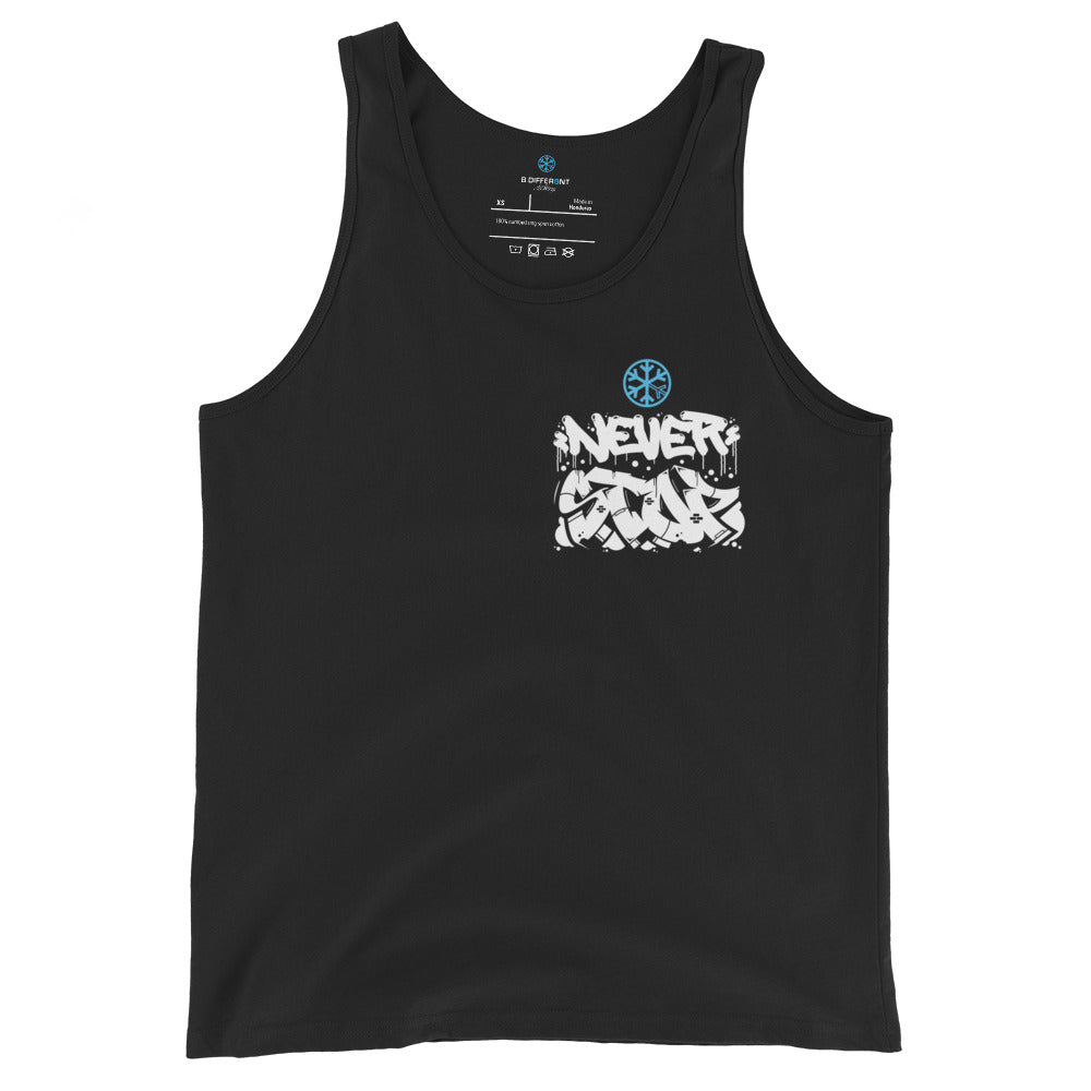 Black-Never Stop Graffiti Character Tank Top from B.Different Clothing, front view, graffiti-inspired streetwear